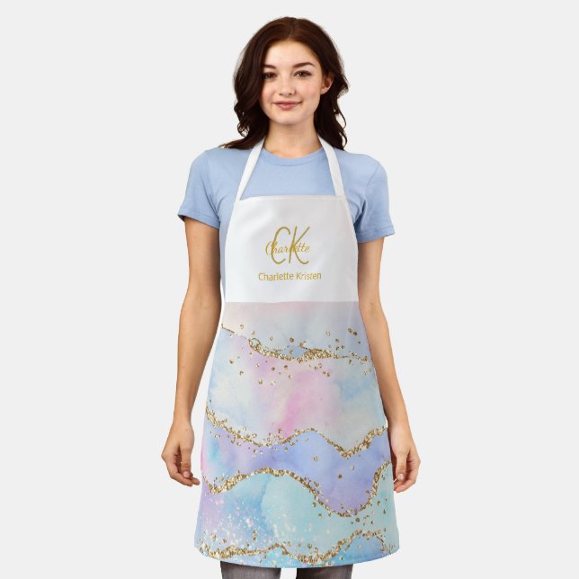 Modern Cute Pastel Colours Glitter  Monogram  Name Apron (Worn)