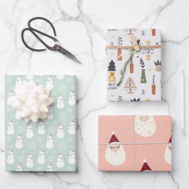 Modern cute pattern santa l snowman and tree Xmas  Wrapping Paper Sheet (Front)