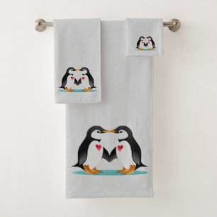 Modern Cute Penguin Couple on Light Grey Bath Towel Set