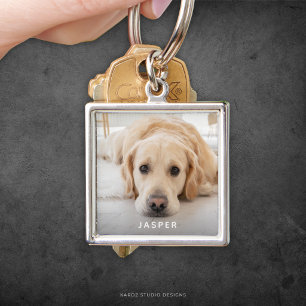 Modern Cute Pet Name Dog Photo Keychain