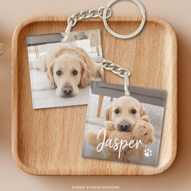 Modern Cute Pet Name Two Photo Keychain (Squared acrylic keychain shown, personalize with two photos and your pet's name.)