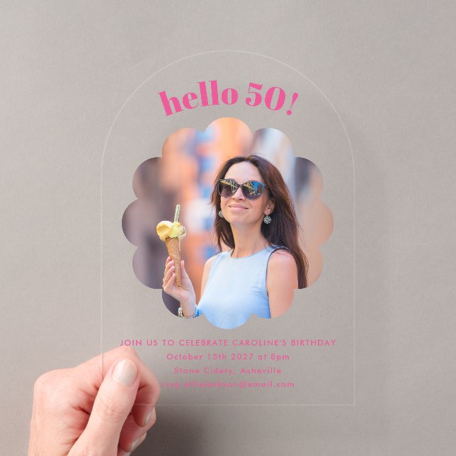 Modern Cute Pink 50th Birthday Party Photo Arch Acrylic Invitations (Insitu (Handheld))