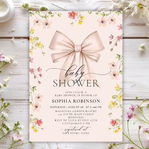 Modern Cute Pink Bow Wildflower Girl Baby Shower Invitation