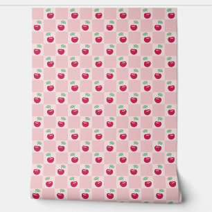 Modern Cute Pink Cherry Chequerboard Coquette Wallpaper