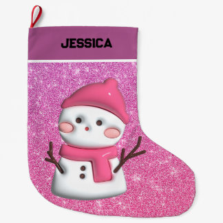 Modern Cute Pink Christmas Snowman Large Christmas Stocking