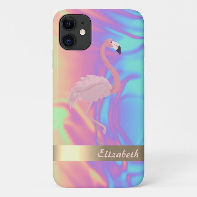 Modern Cute Pink Flamingo Ombre Holographic Case-Mate iPhone Case (Back)