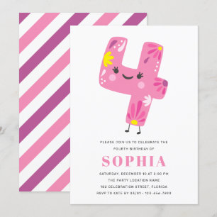 Modern Cute Pink Girl Birthday - 4th Birthday Invitation