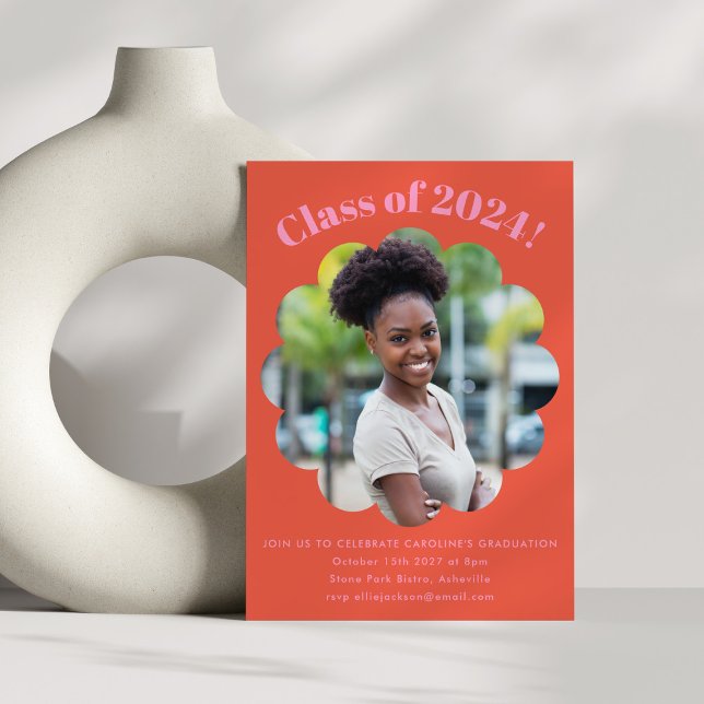 Modern Cute Pink Orange Graduation Party Photo Invitation (Creator Uploaded)