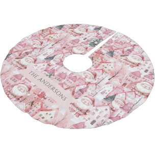 Modern Cute Pink Town Santa Christmas Tree Skirt