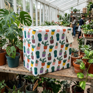 Modern Cute Potted Cactus Pattern White Wrapping Paper