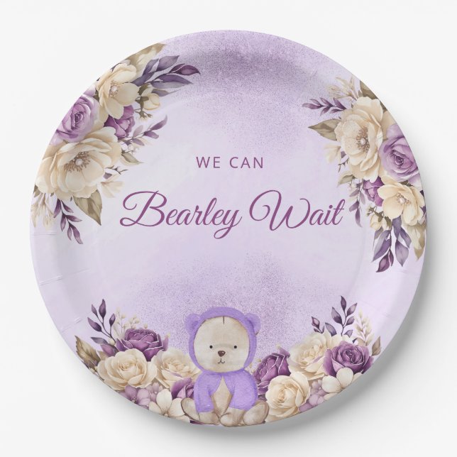 Modern Cute Purple Boho Teddy Bear Baby Shower  Paper Plate (Front)