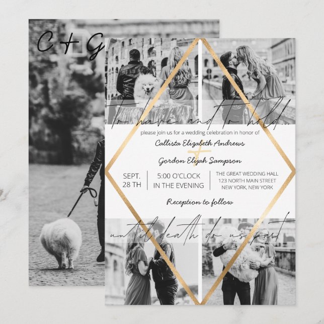 Modern Cute Quote Gold White Frame Photo Wedding Invitation (Front/Back)