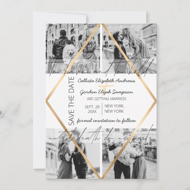 Modern Cute Quote Gold White Frame Photo Wedding Save The Date (Front)