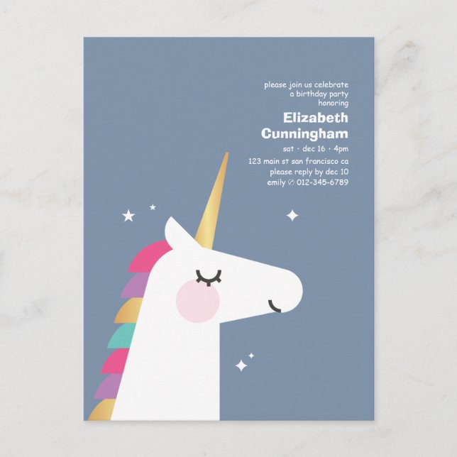 Modern Cute Rainbow Unicorn Birthday Party Invitation Postcard (Front)