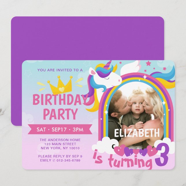 Modern Cute Rainbow Unicorn Photo Birthday Invitation (Front/Back)