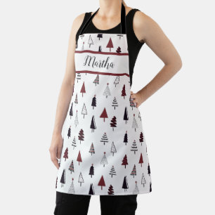 Modern Cute Red and Black Abstract Christmas Trees Apron