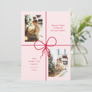 Modern Cute Red & Pink Bow Wrap 2 Photo Christmas Holiday Card