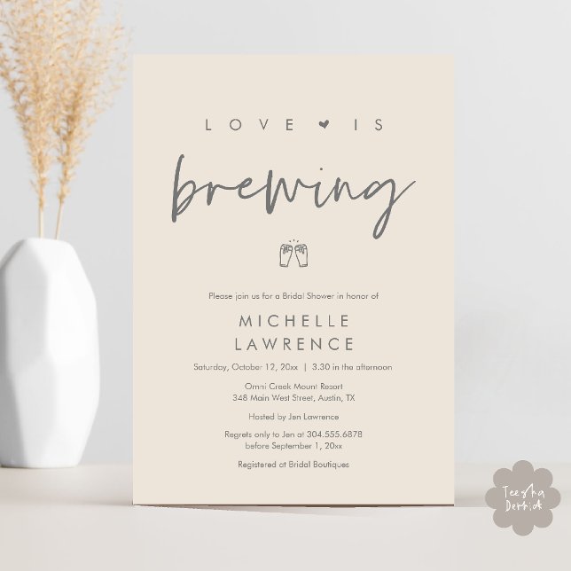Modern Cute Romantic Beer Party Bridal Shower Invitation (Beer Party Bridal Shower, Love is brewing Invitation card modern romance cream grey)