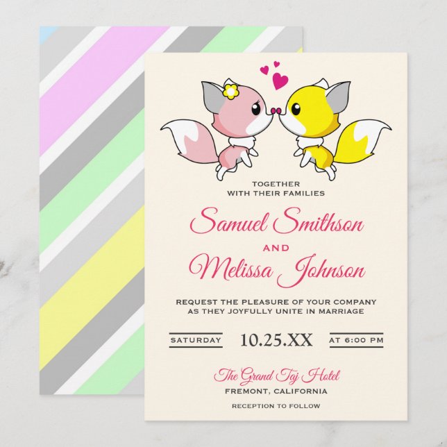 Modern Cute Romantic Fox Couple Wedding Invitation (Front/Back)