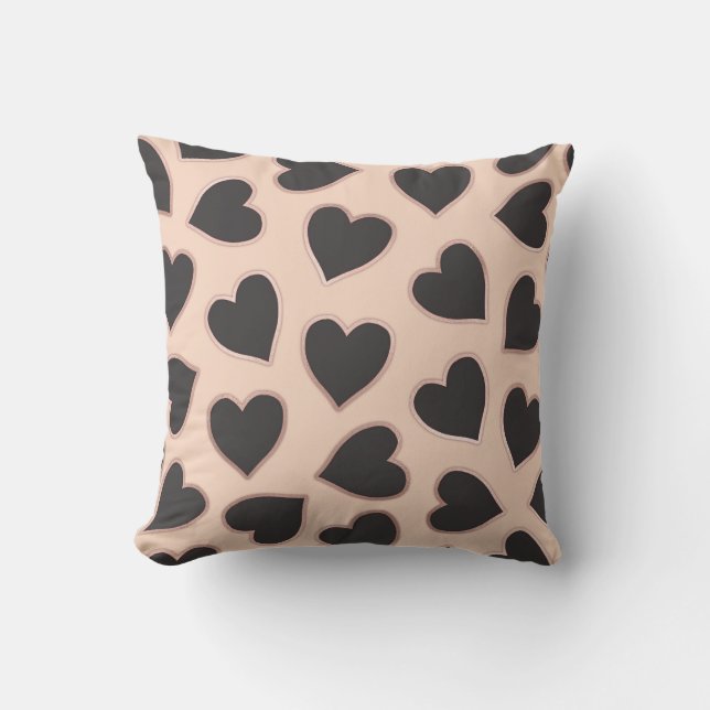 Modern Cute Rose Gold Black Hearts Pattern Blush Outdoor Pillow (Front)