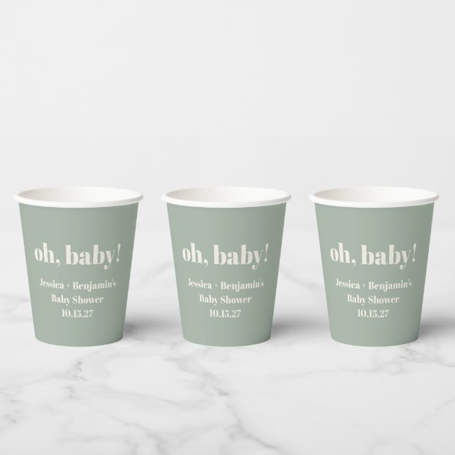 Modern Cute Sage Green Baby Shower Custom Name Paper Cups (Multi)