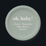 Modern Cute Sage Green Baby Shower Custom Name Paper Plate<br><div class="desc">Modern Cute Sage Green Baby Shower Custom Name Paper Plates</div>