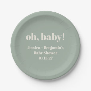 Modern Cute Sage Green Baby Shower Custom Name Paper Plate