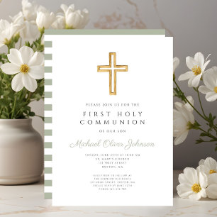 Modern Cute Sage Green Cross First Communion Invitation