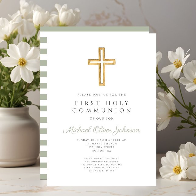 Modern Cute Sage Green Cross First Communion Invitation (Modern Sage Green Stripes Cross First Communion Invitation)