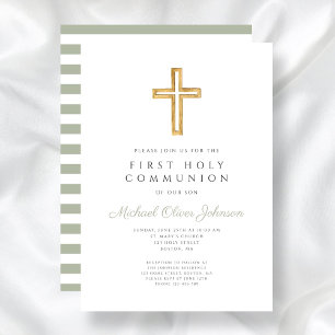 Modern Cute Sage Green Cross First Communion Invitation