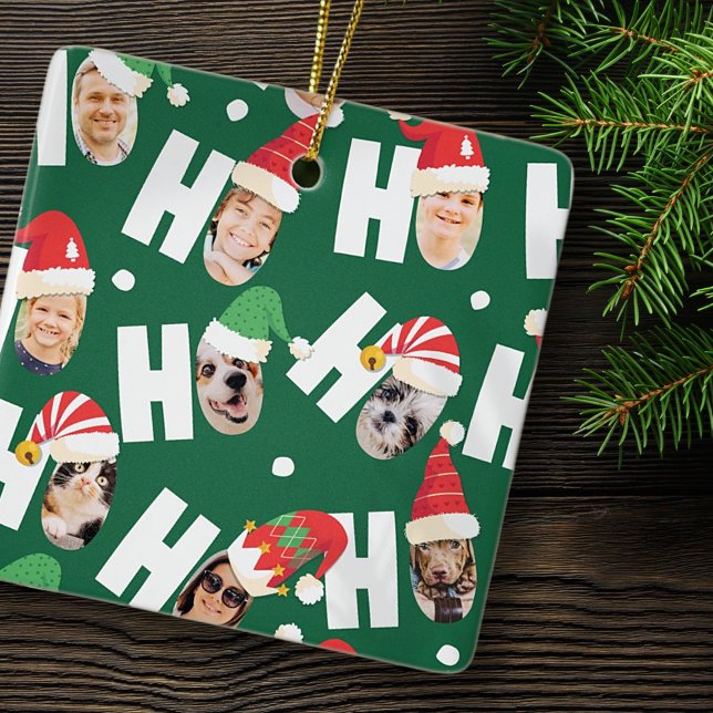 Modern Cute Santa Hats Nine Family Photos Ceramic Ornament (Creator Uploaded)