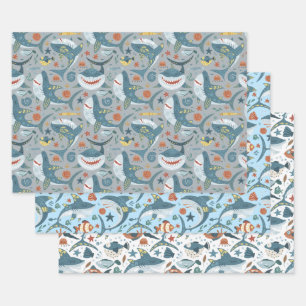 Modern Cute Shark First Second Birthday Favours Wrapping Paper Sheet