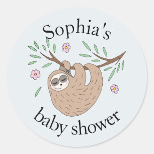 Modern Cute Sleeping Sloth Animal Name Baby Shower Classic Round Sticker
