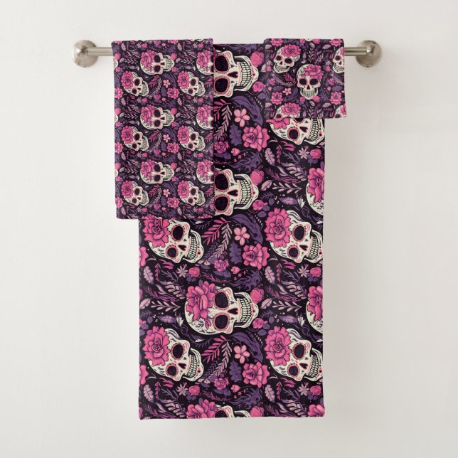Modern Cute Sugar Skull Colourful Gothic Halloween Bath Towel Set (Insitu)
