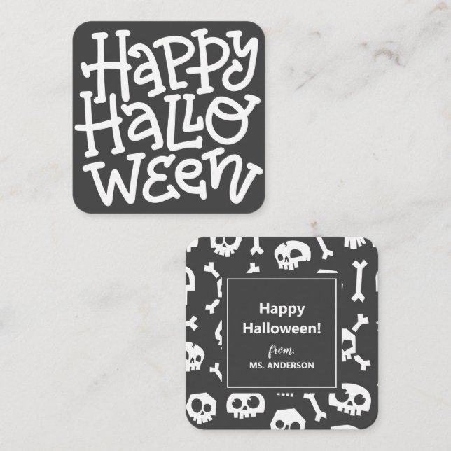 Modern Cute Typography White Skull Happy Halloween Enclosure Card (Front/Back)