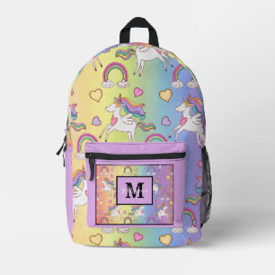 Modern Cute Unicorn and Rainbow Monogram Name Printed Backpack