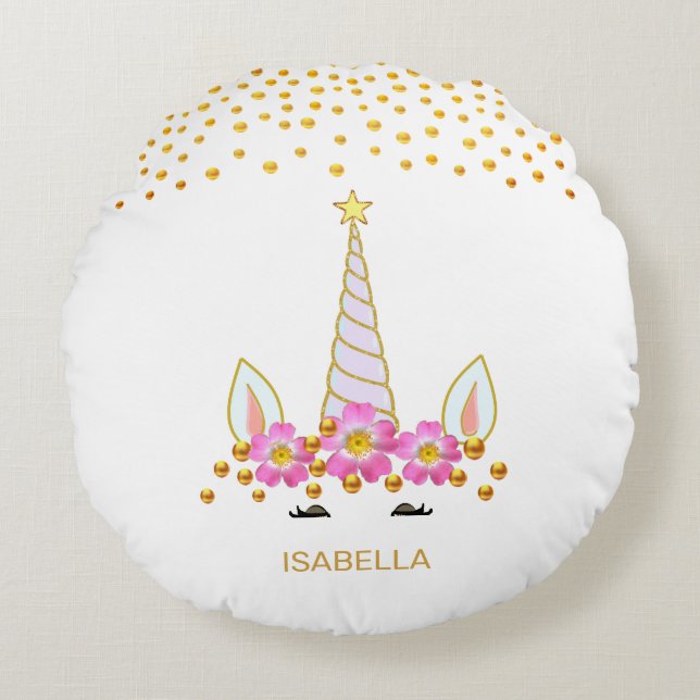 Modern, Cute Unicorn, Flowers & Gold Confetti Round Pillow (Front)