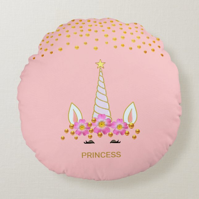 Modern, Cute Unicorn, Flowers & Gold Confetti Round Pillow (Front)
