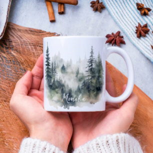 Modern Cute Watercolor Foggy Pine Forest Two-Tone Coffee Mug