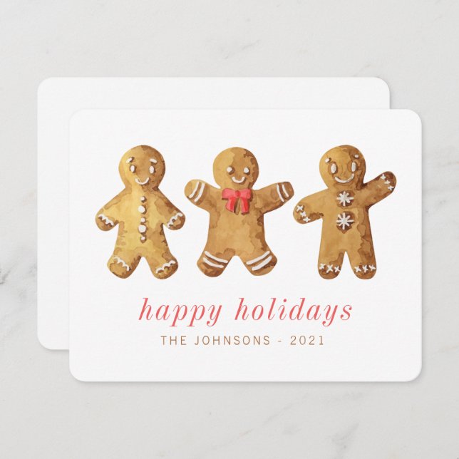 Modern Cute Watercolor Gingerbread Man Holiday Card (Front/Back)