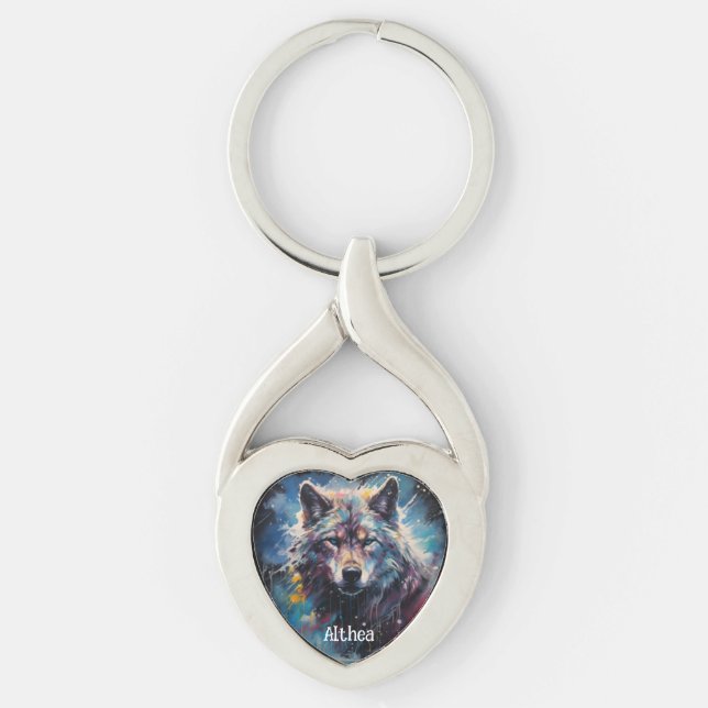 Modern Cute Watercolor Wolf  Keychain (Front)