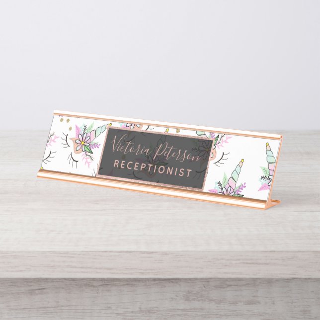 Modern cute whimsical floral unicorn pattern desk name plate (Front)