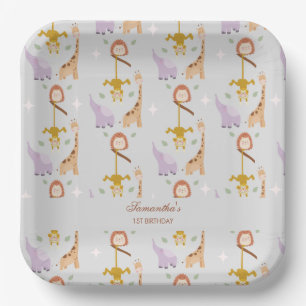 Modern Cute Wild One Safari Animals Birthday Paper Plate