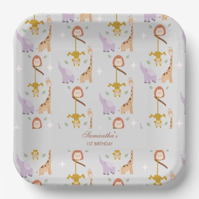 Modern Cute Wild One Safari Animals Birthday Paper Plate (Front)