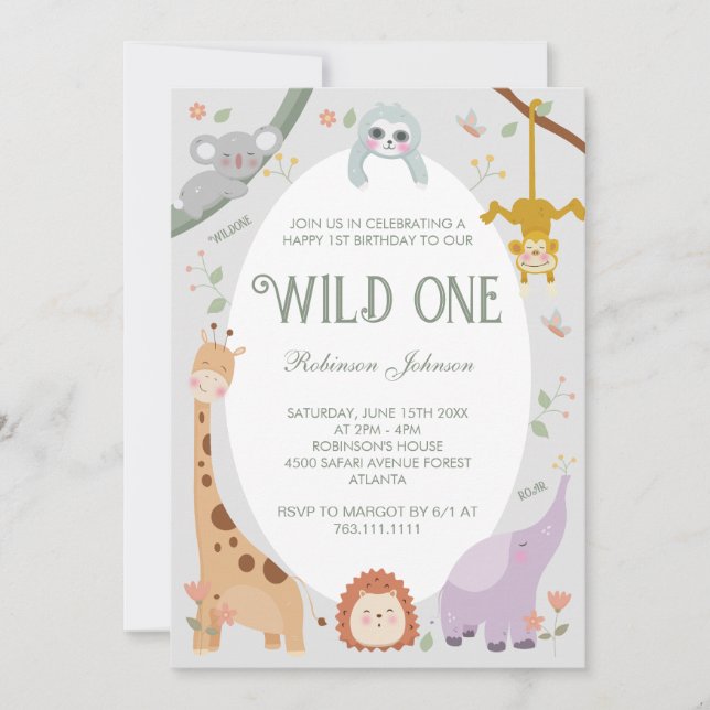 Modern Cute Wild One Safari Animals Birthday Photo Invitation (Front)