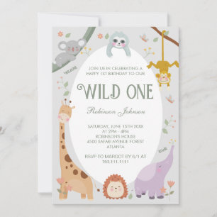 Modern Cute Wild One Safari Animals Birthday Photo Invitation
