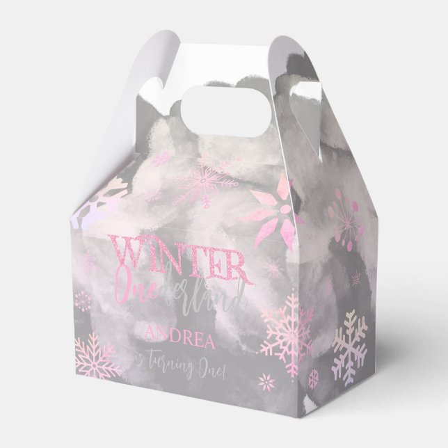Modern Cute Winter ONEderland Pink First Birthday Favor Box (Front Side)