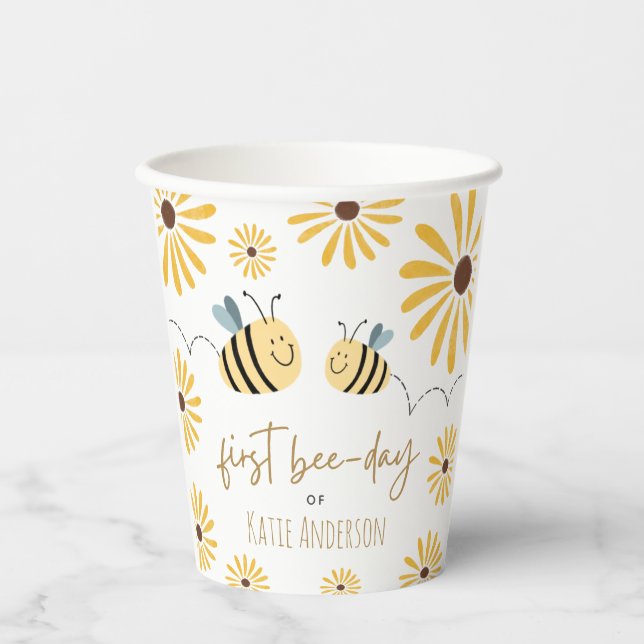 Modern Cute Yellow Bee and Sunflower First Bee-day Paper Cups (Front)