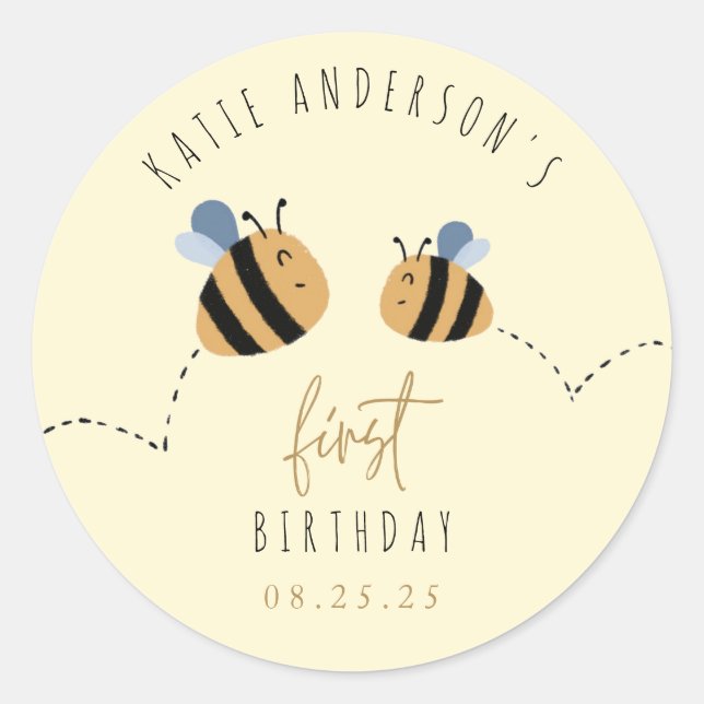 Modern Cute Yellow Bumblebee First Birthday Classic Round Sticker (Front)