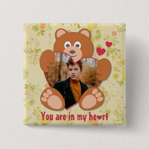 Modern Cute Yellow Teddy Bear Heart Photo Frame 2 Inch Square Button